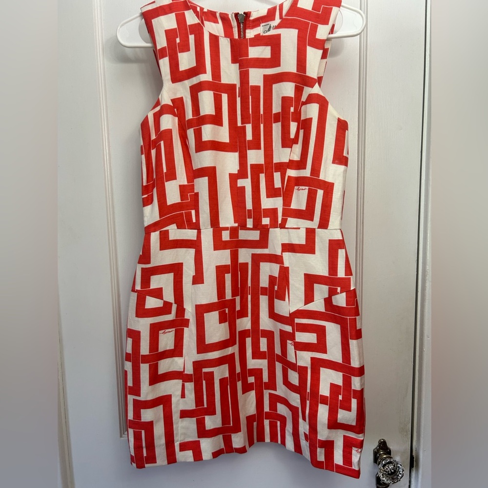 Milly of New York red & white geometric sleeveless linen/silk mini dress size 4 - Picture 2 of 10